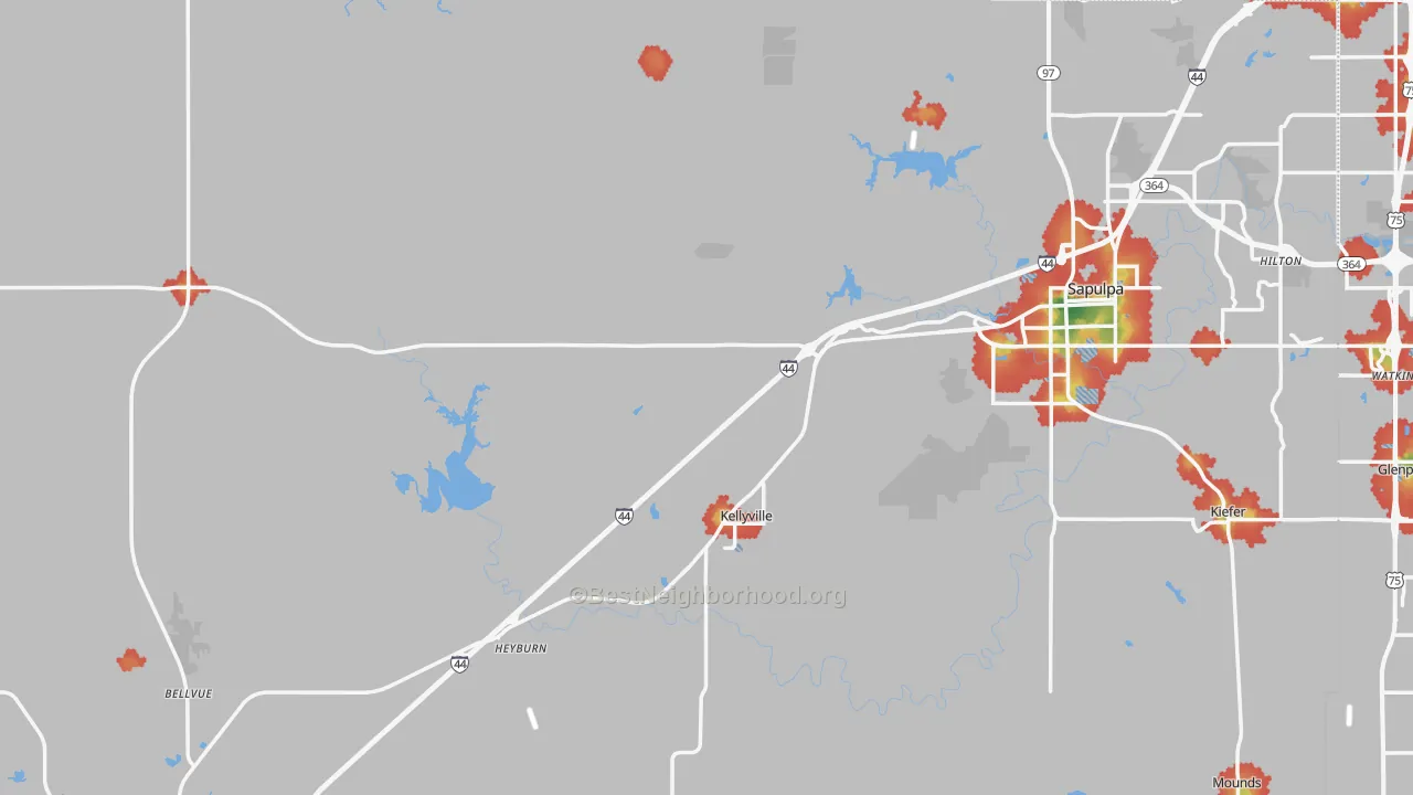 Walk Grade map of Creek County, OK, walkable areas in green and car-dependent areas in red