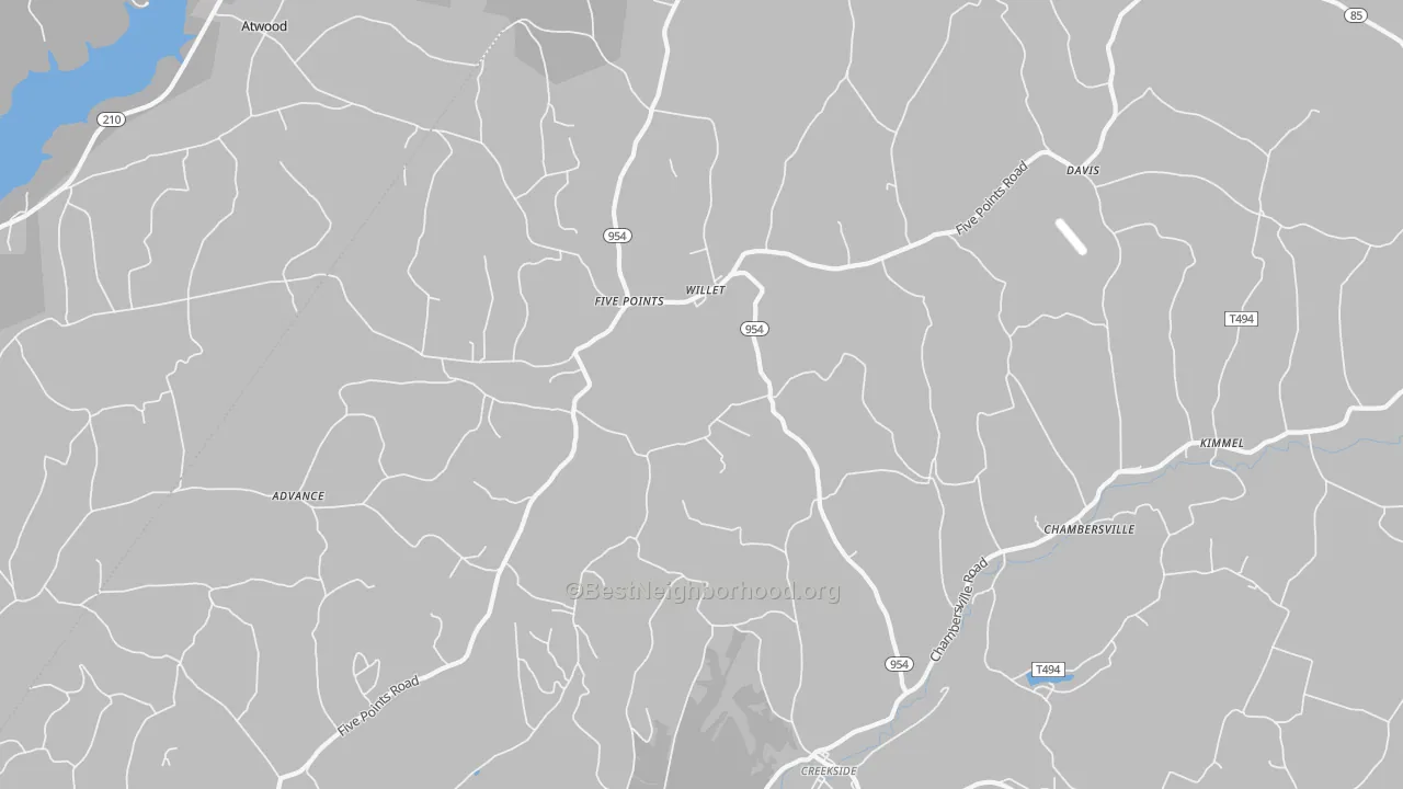 Walk Grade map of Creekside, PA, walkable areas in green and car-dependent areas in red
