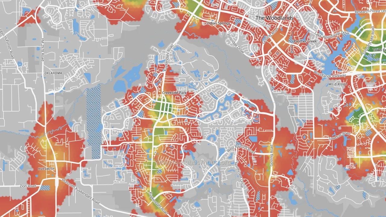 Walk Grade map of Creekside Park, The Woodlands, TX, walkable areas in green and car-dependent areas in red
