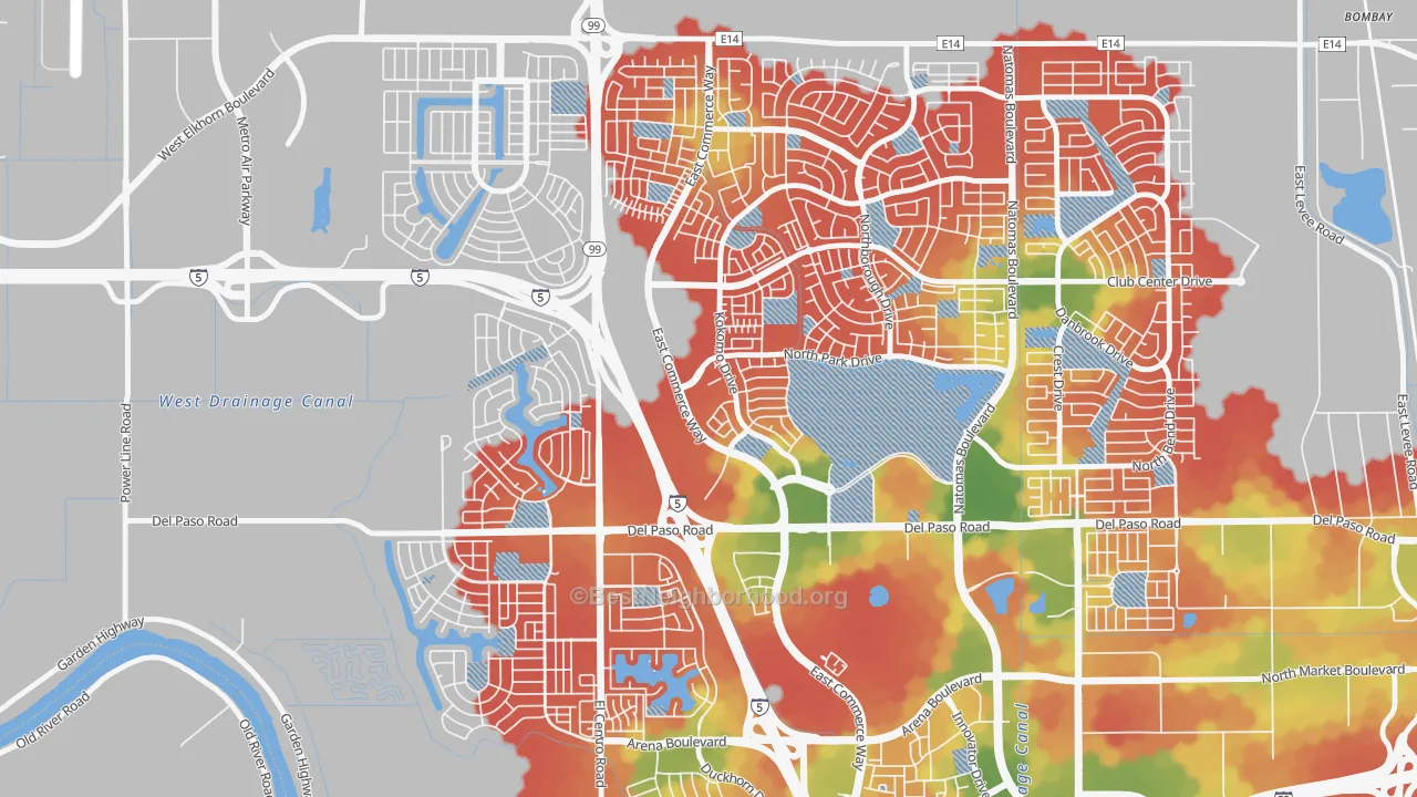 Walk Grade map of Creekside, Sacramento, CA, walkable areas in green and car-dependent areas in red