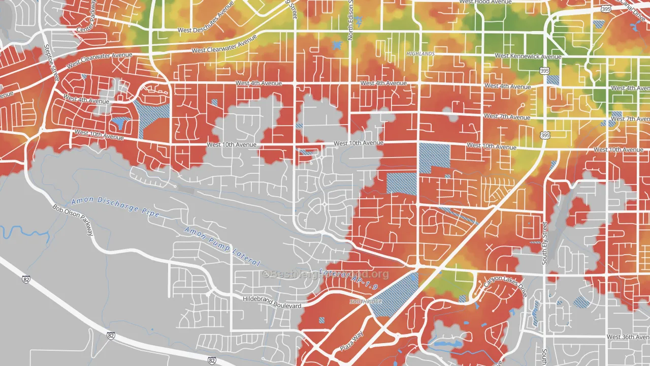 Walk Grade map of Creekstone, Kennewick, WA, walkable areas in green and car-dependent areas in red