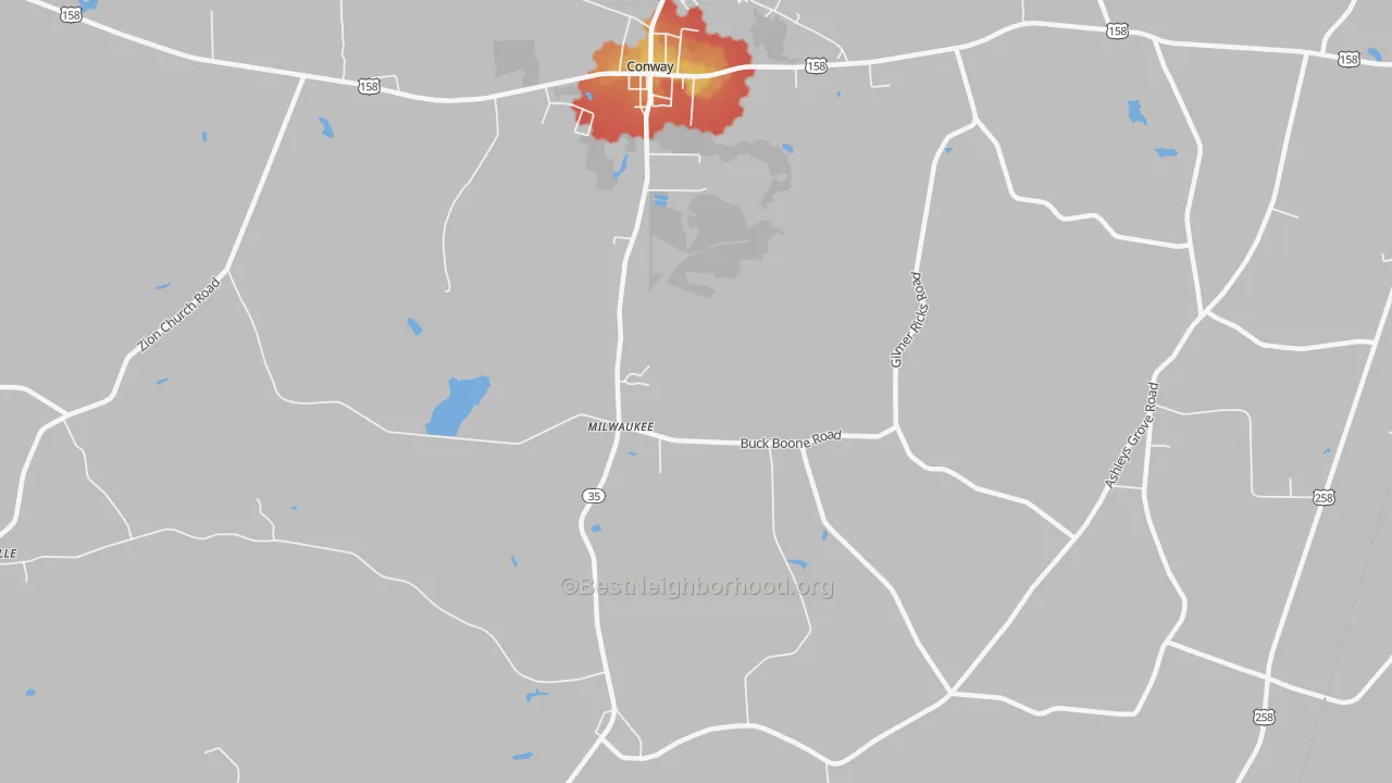 Walk Grade map of Creeksville, NC, walkable areas in green and car-dependent areas in red