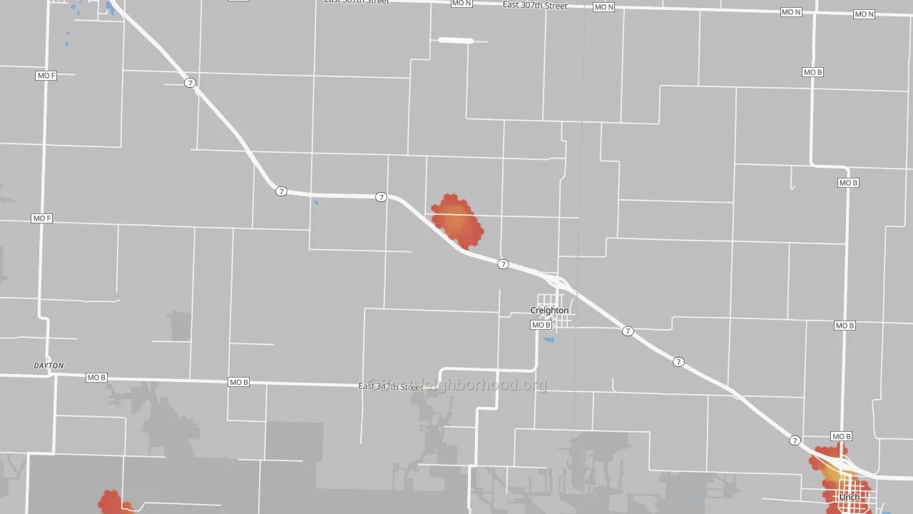 Walk Grade map of Creighton, MO, walkable areas in green and car-dependent areas in red