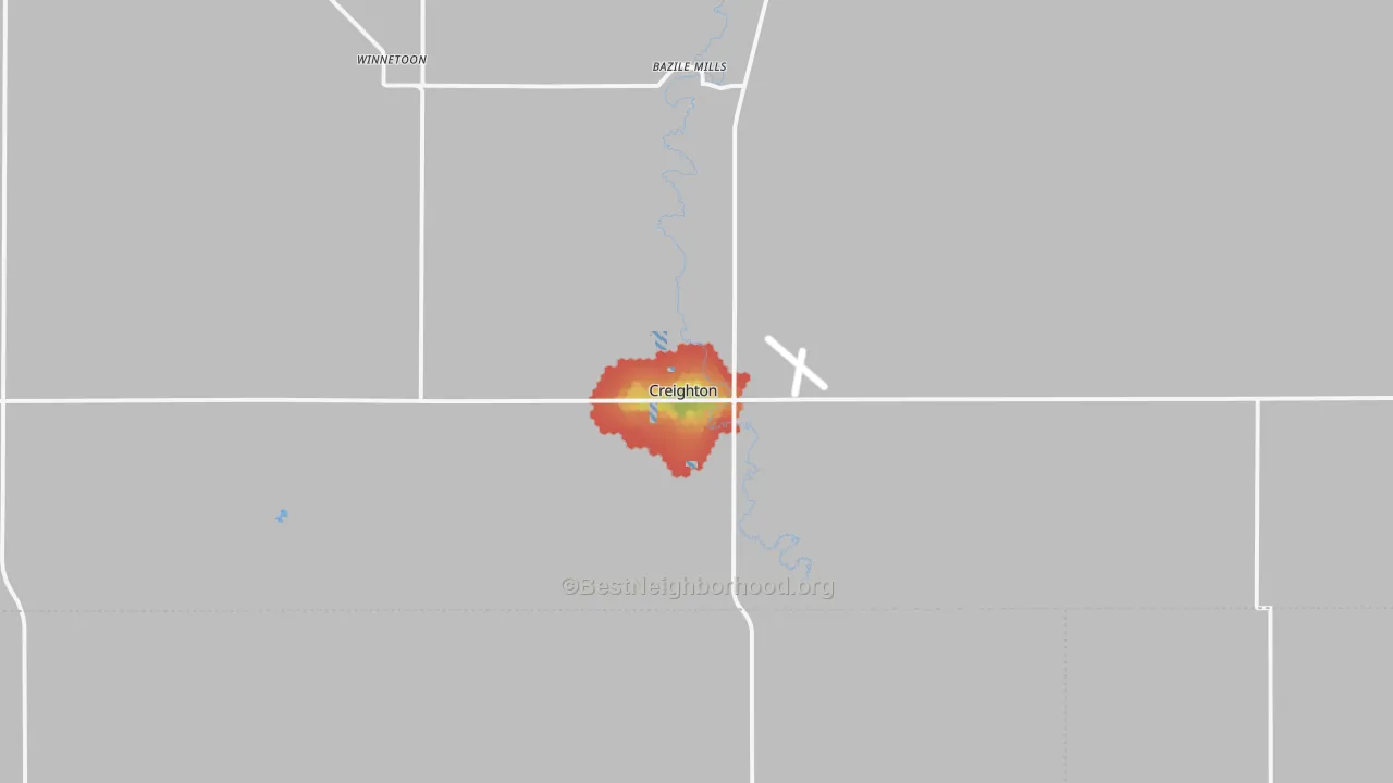 Walk Grade map of Creighton, NE, walkable areas in green and car-dependent areas in red