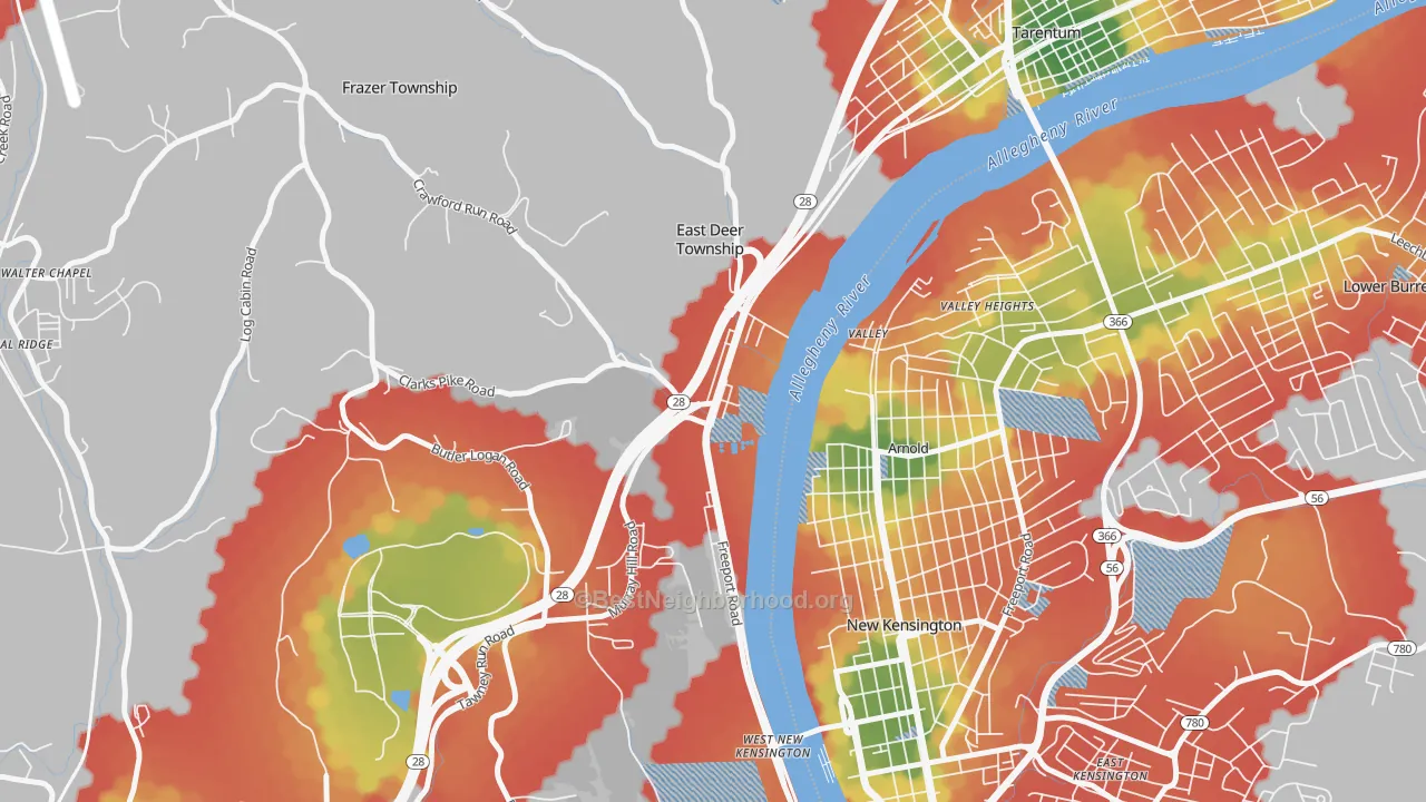 Walk Grade map of Creighton, PA, walkable areas in green and car-dependent areas in red