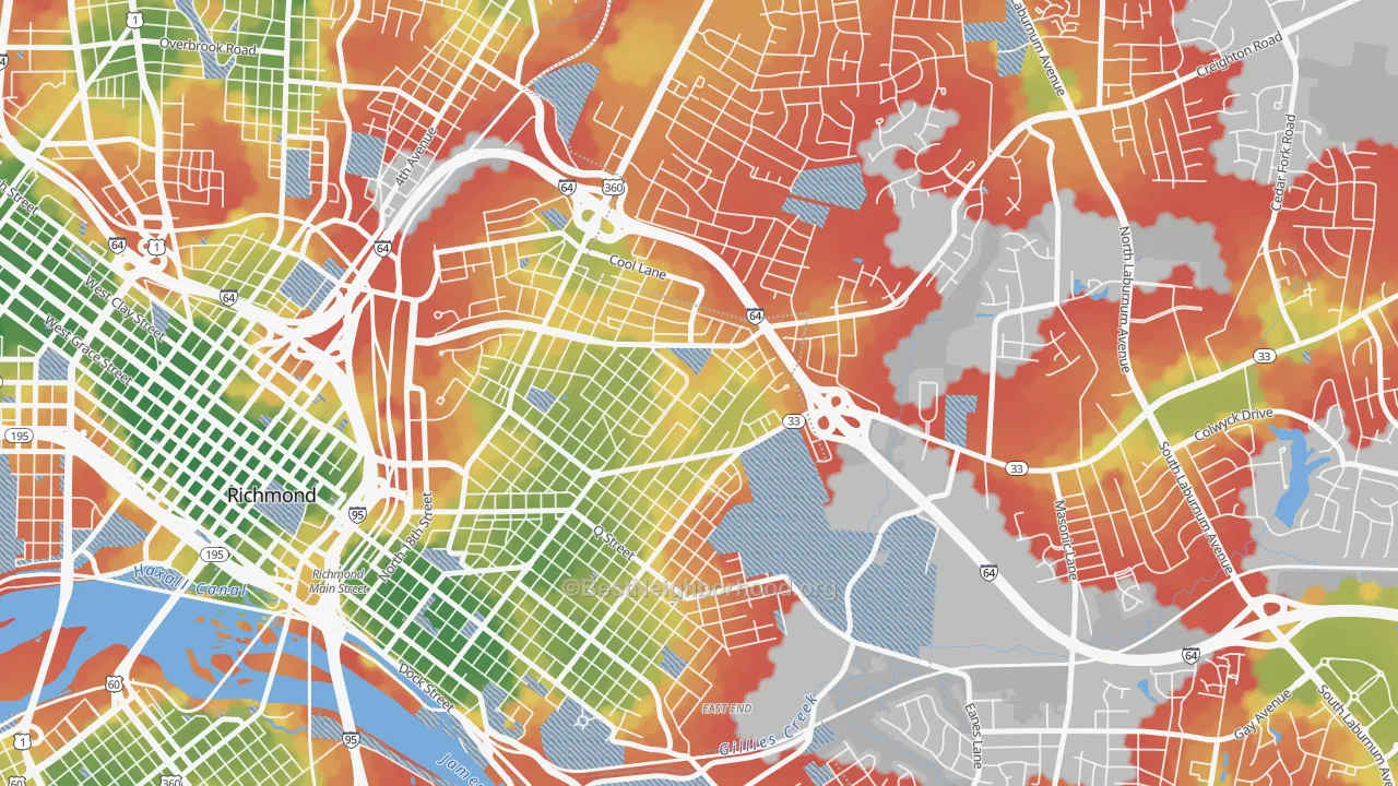 Walk Grade map of Creighton, Richmond, VA, walkable areas in green and car-dependent areas in red