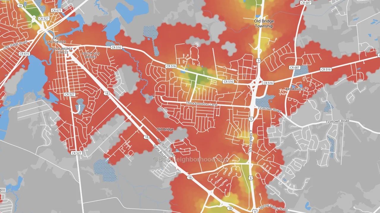 Walk Grade map of Creighton Village, Old Bridge, NJ, walkable areas in green and car-dependent areas in red