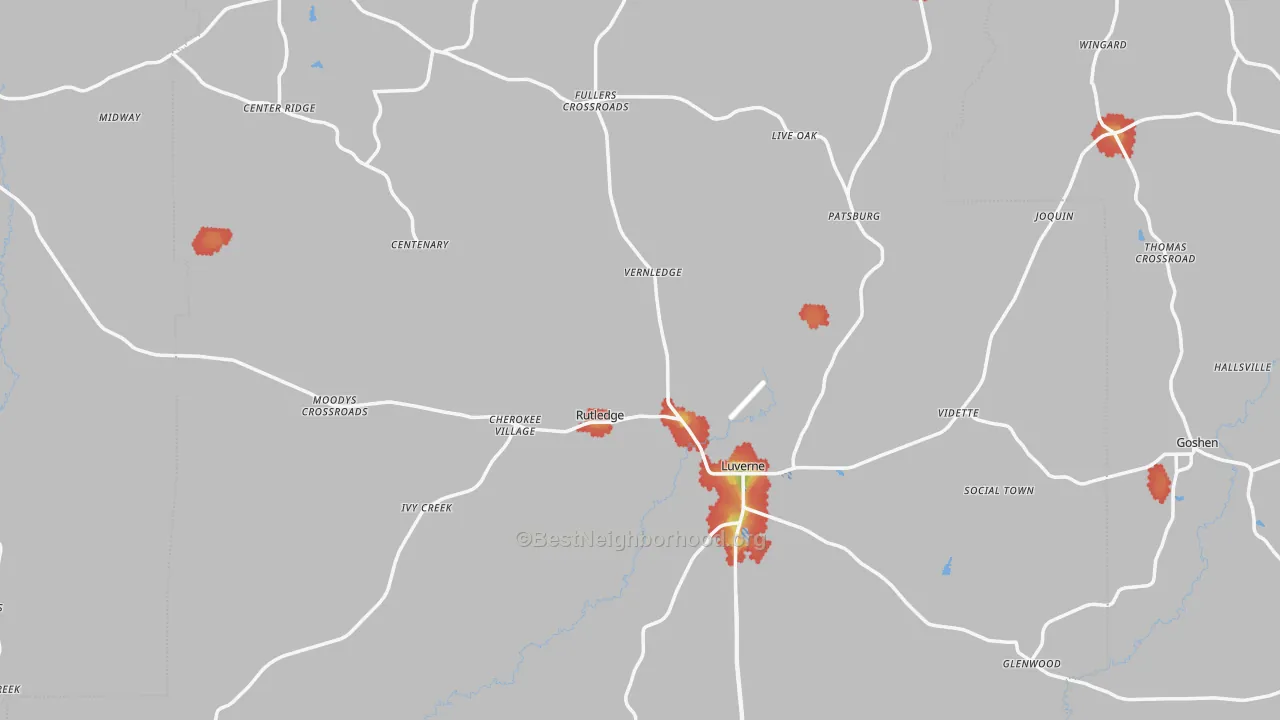 Walk Grade map of Crenshaw County, AL, walkable areas in green and car-dependent areas in red