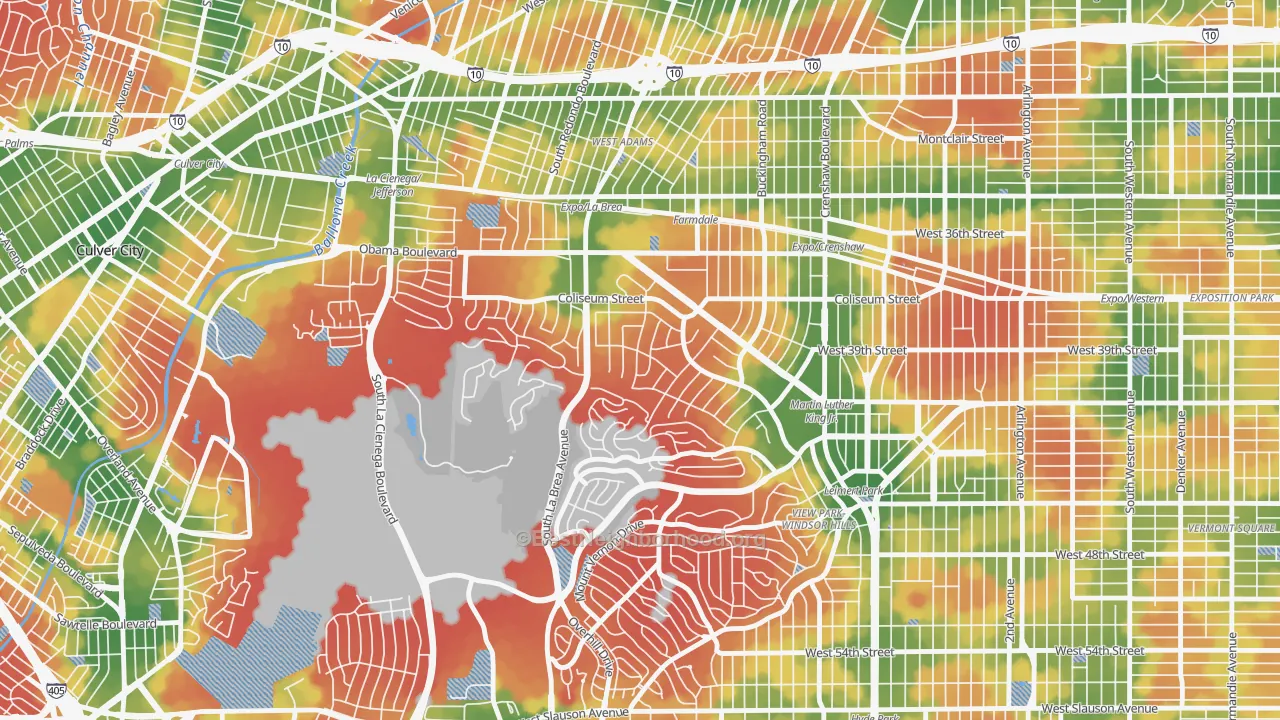 Walk Grade map of Crenshaw, Los Angeles, CA, walkable areas in green and car-dependent areas in red