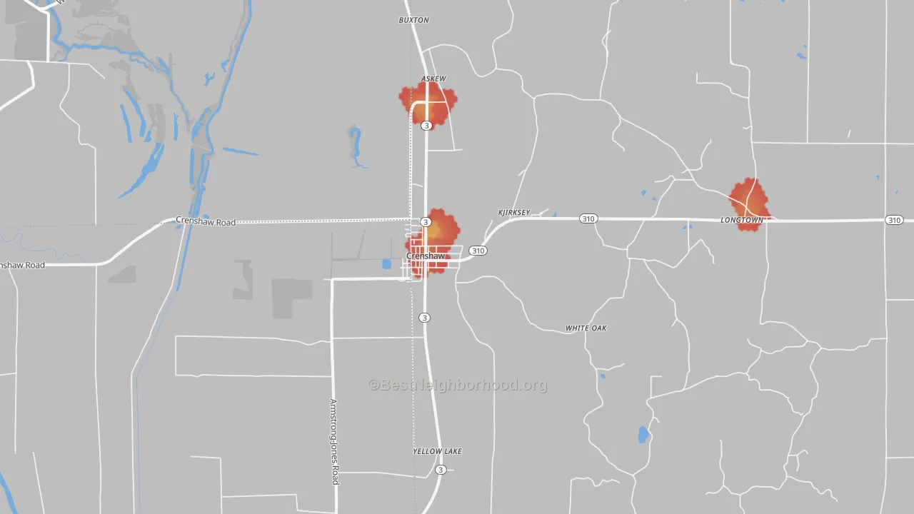 Walk Grade map of Crenshaw, MS, walkable areas in green and car-dependent areas in red