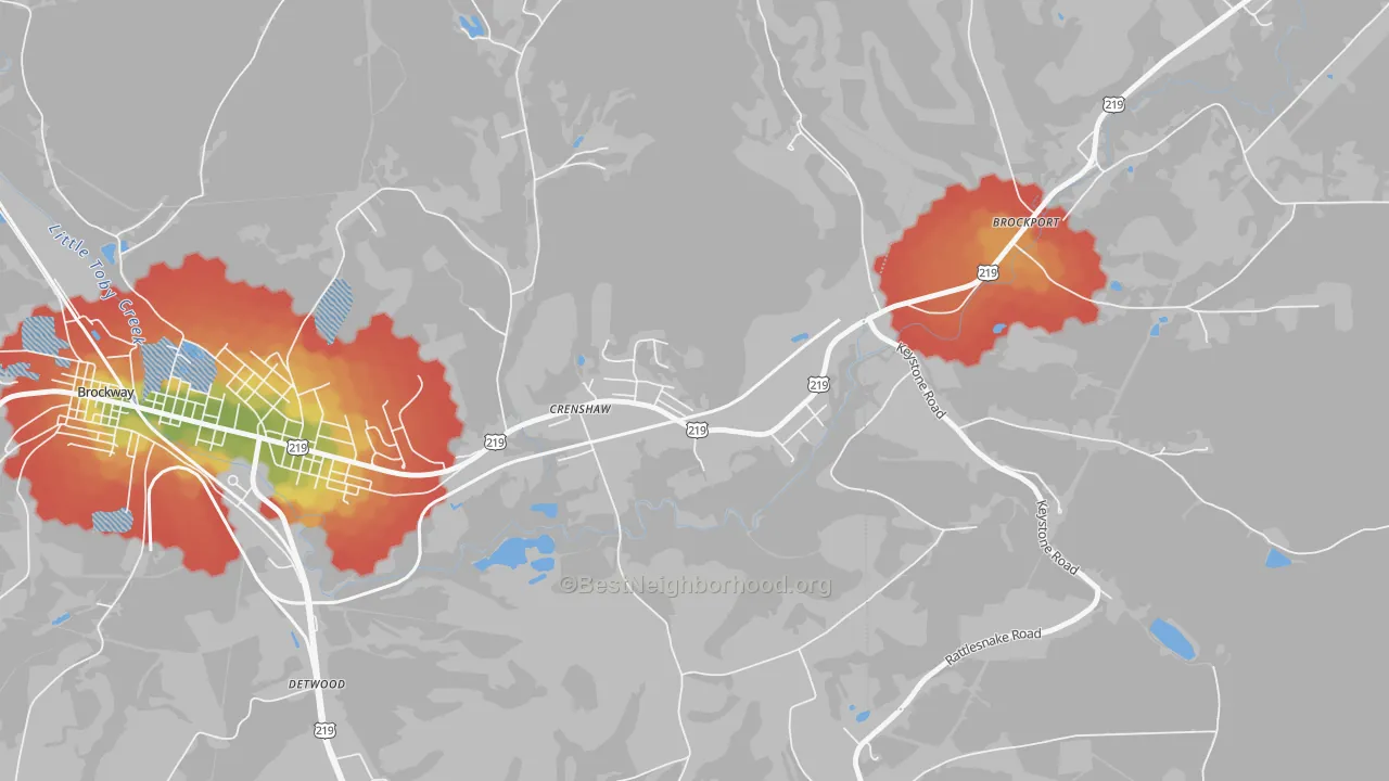 Walk Grade map of Crenshaw, PA, walkable areas in green and car-dependent areas in red