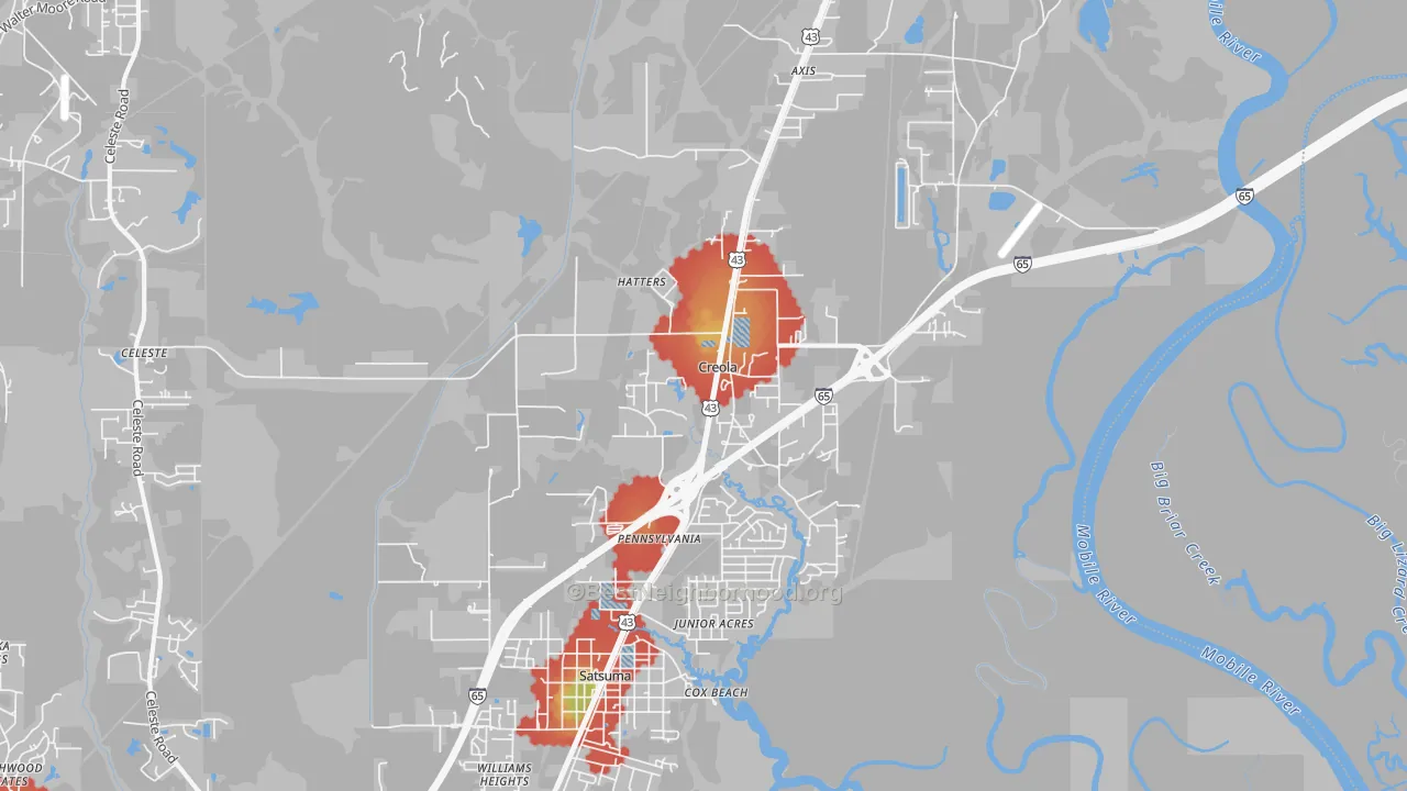Walk Grade map of Creola, AL, walkable areas in green and car-dependent areas in red