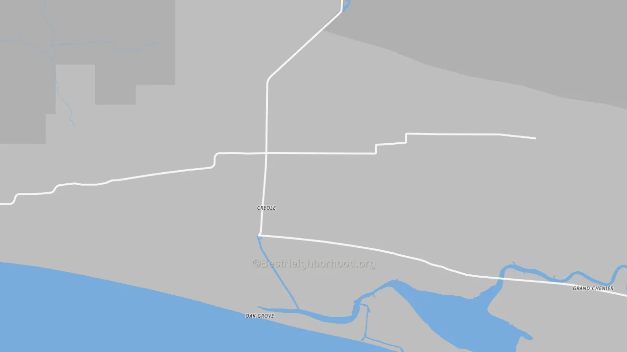 Walk Grade map of Creole, LA, walkable areas in green and car-dependent areas in red