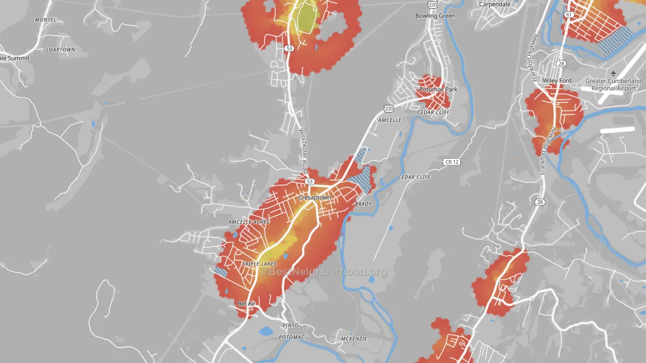 Walk Grade map of Cresaptown, MD, walkable areas in green and car-dependent areas in red