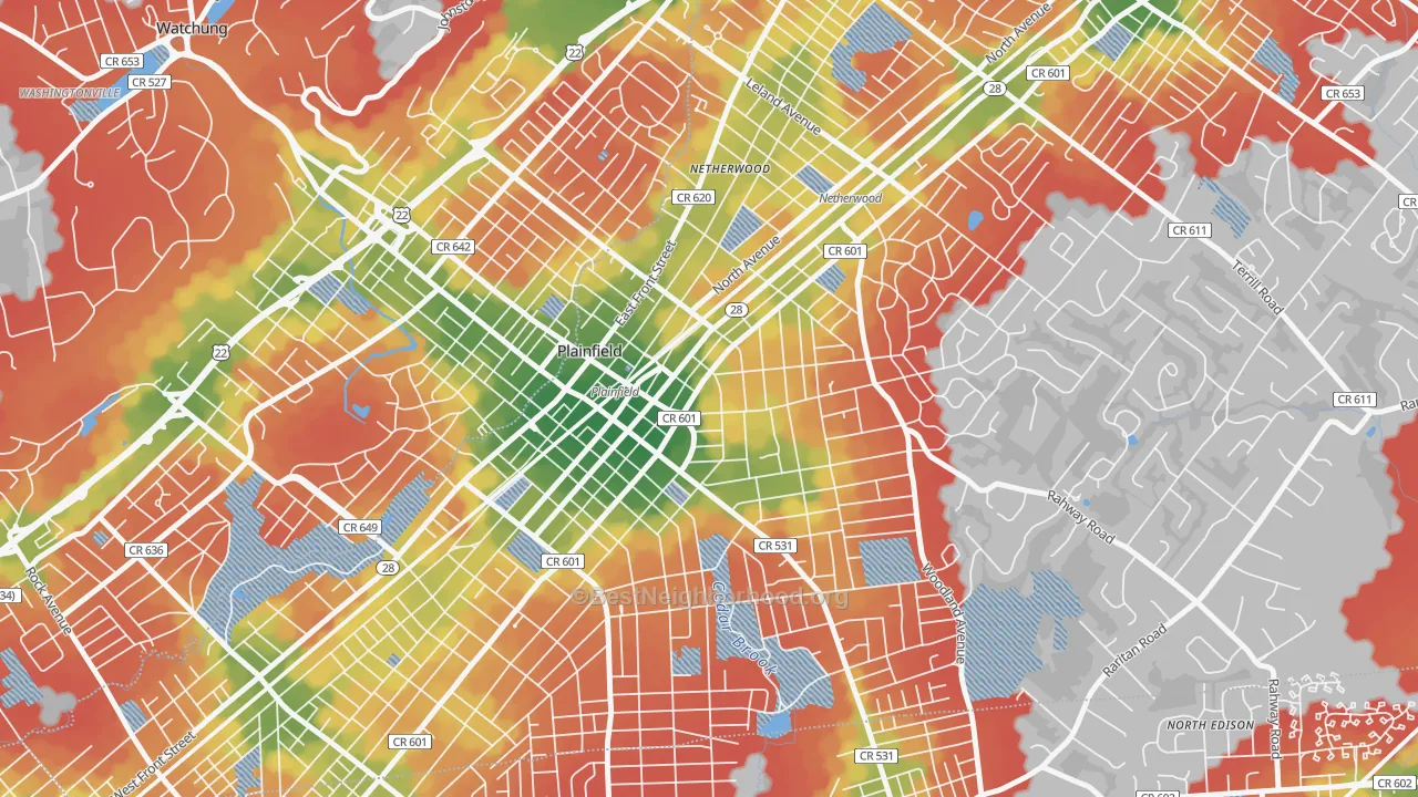 Walk Grade map of Crescent Area Historic District, Plainfield, NJ, walkable areas in green and car-dependent areas in red