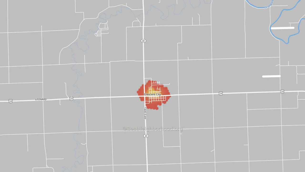 Walk Grade map of Crescent City, IL, walkable areas in green and car-dependent areas in red