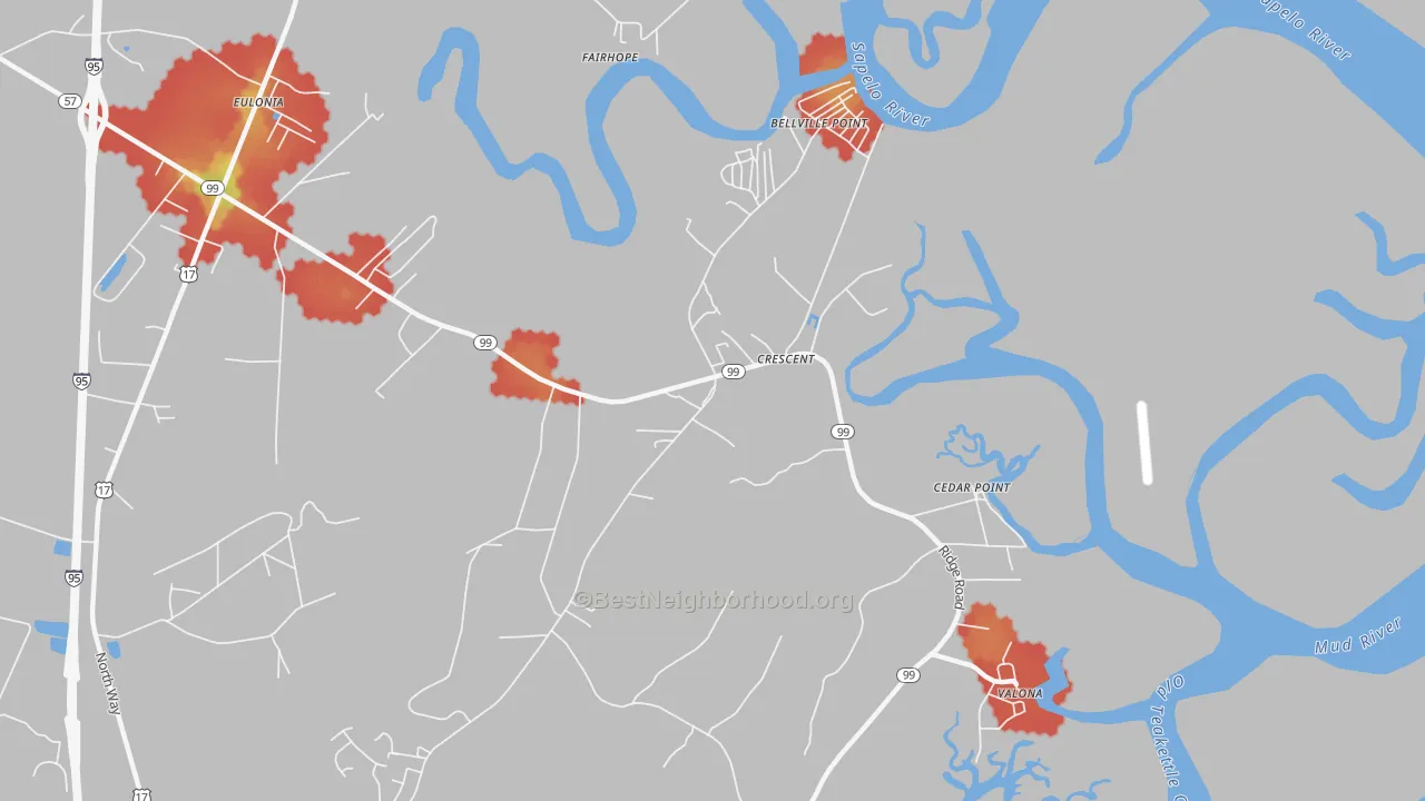 Walk Grade map of Crescent, GA, walkable areas in green and car-dependent areas in red