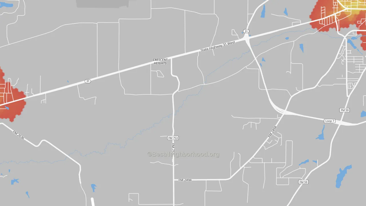 Walk Grade map of Crescent Heights, TX, walkable areas in green and car-dependent areas in red