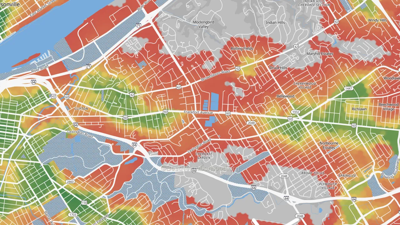 Walk Grade map of Crescent Hill, Louisville, KY, walkable areas in green and car-dependent areas in red