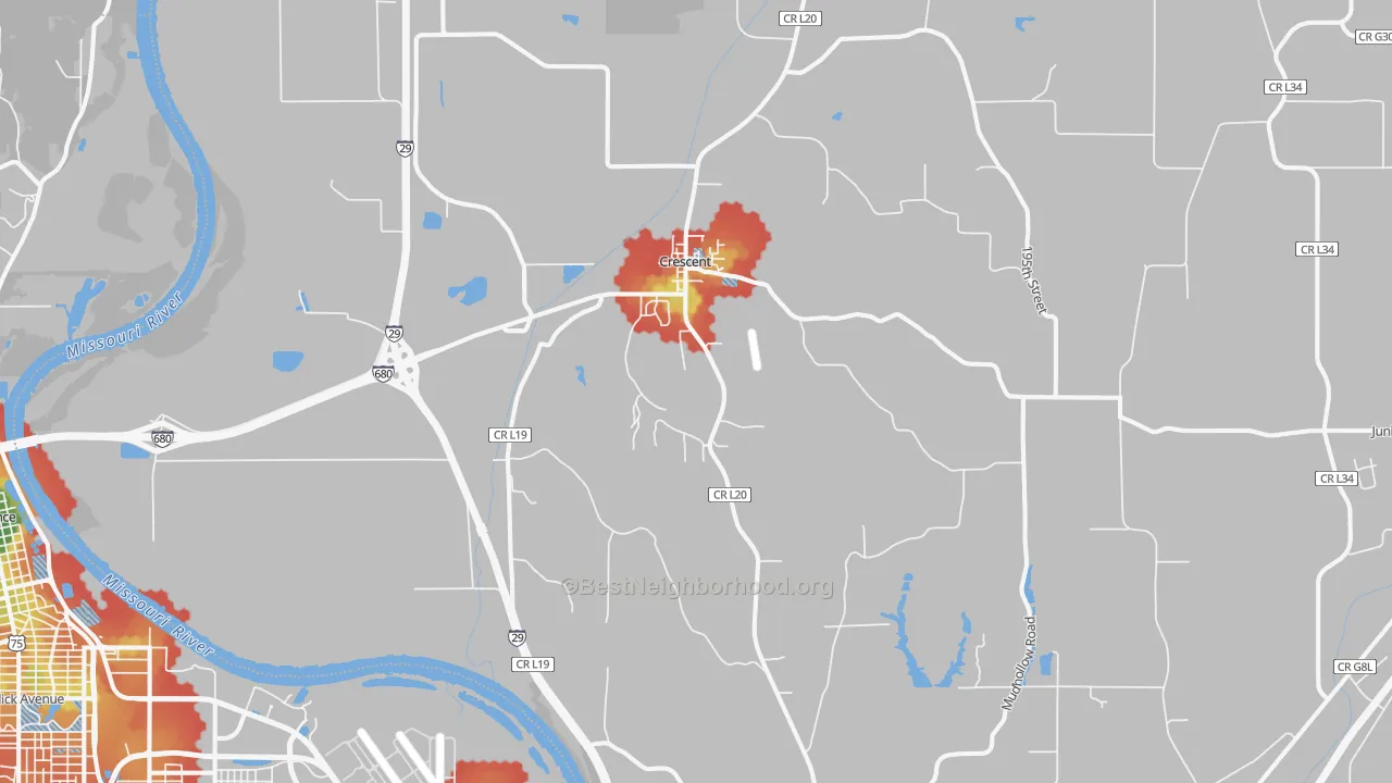 Walk Grade map of Crescent, IA, walkable areas in green and car-dependent areas in red