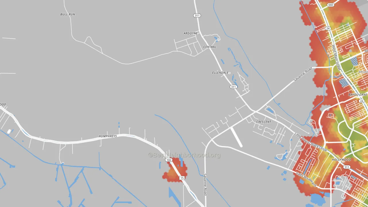 Walk Grade map of Crescent, LA, walkable areas in green and car-dependent areas in red