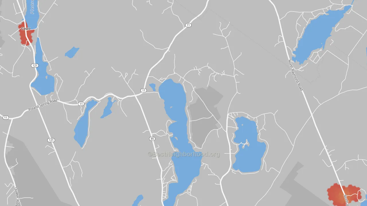 Walk Grade map of Crescent Lake, ME, walkable areas in green and car-dependent areas in red