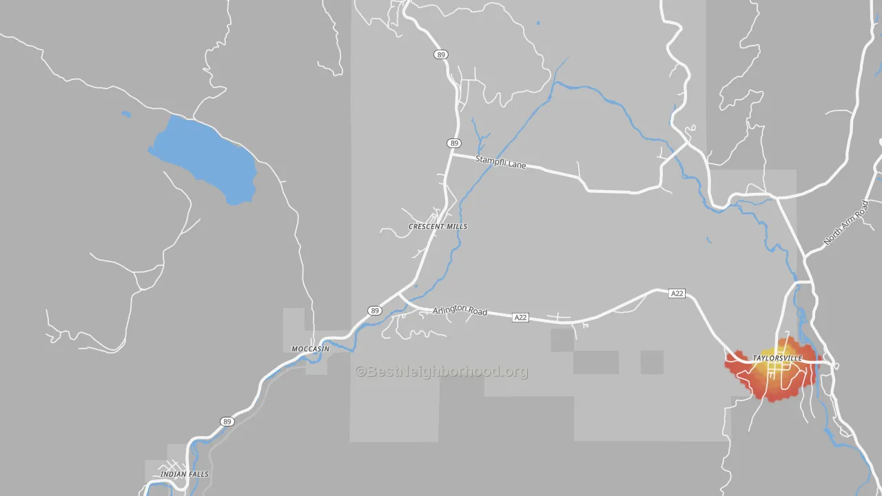 Walk Grade map of Crescent Mills, CA, walkable areas in green and car-dependent areas in red