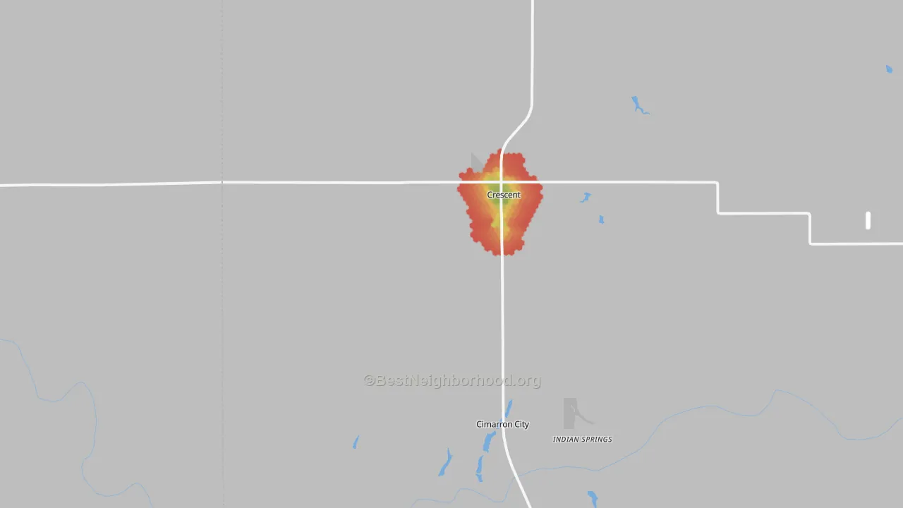 Walk Grade map of Crescent, OK, walkable areas in green and car-dependent areas in red