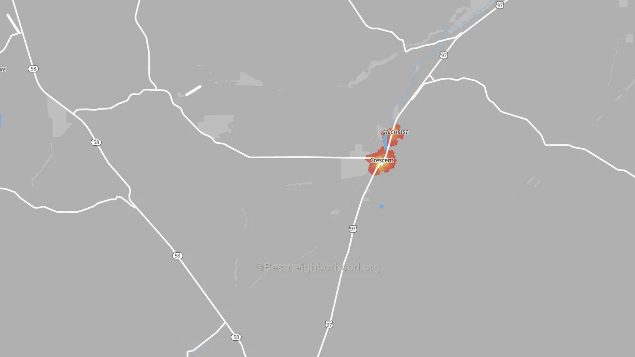 Walk Grade map of Crescent, OR, walkable areas in green and car-dependent areas in red