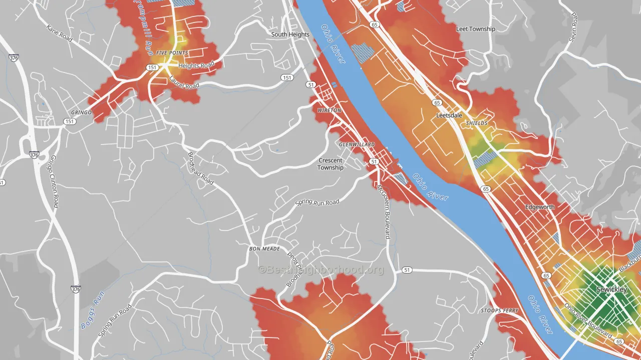 Walk Grade map of Crescent, PA, walkable areas in green and car-dependent areas in red