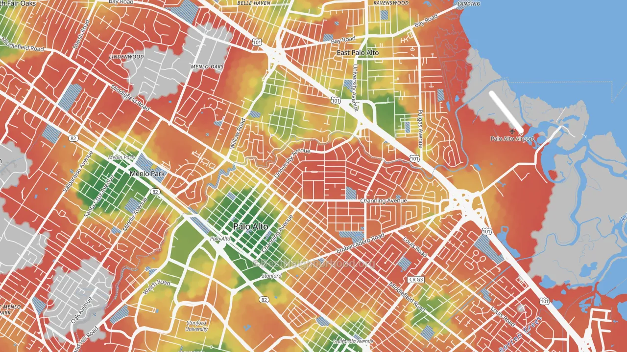 Walk Grade map of Crescent Park, Palo Alto, CA, walkable areas in green and car-dependent areas in red