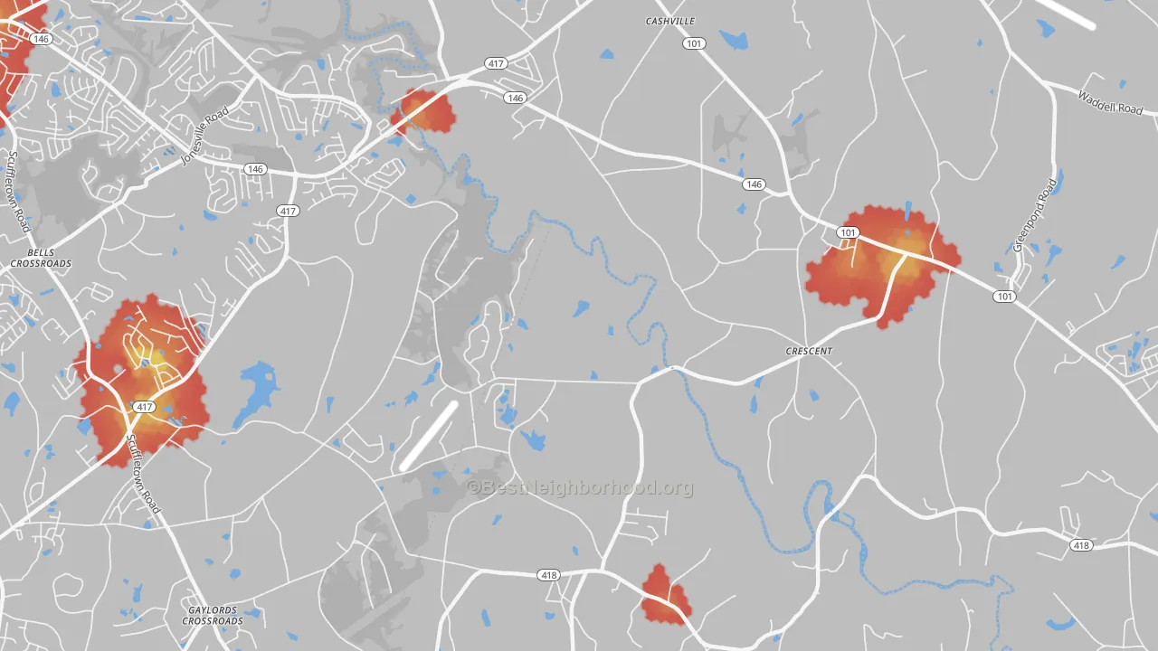 Walk Grade map of Crescent, SC, walkable areas in green and car-dependent areas in red