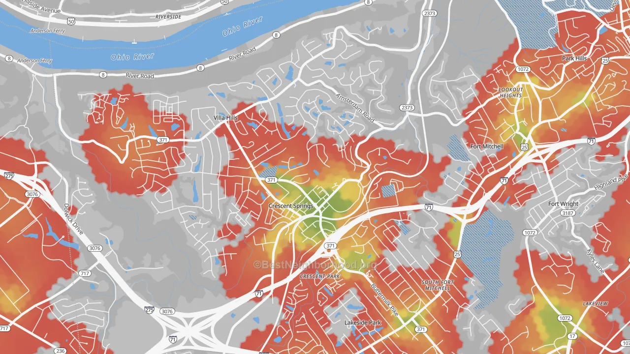 Walk Grade map of Crescent Springs, KY, walkable areas in green and car-dependent areas in red