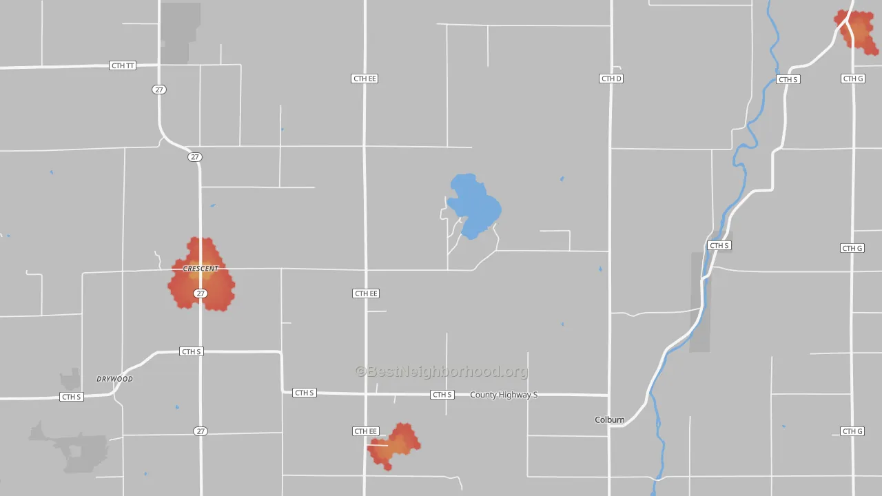 Walk Grade map of Crescent, WI, walkable areas in green and car-dependent areas in red