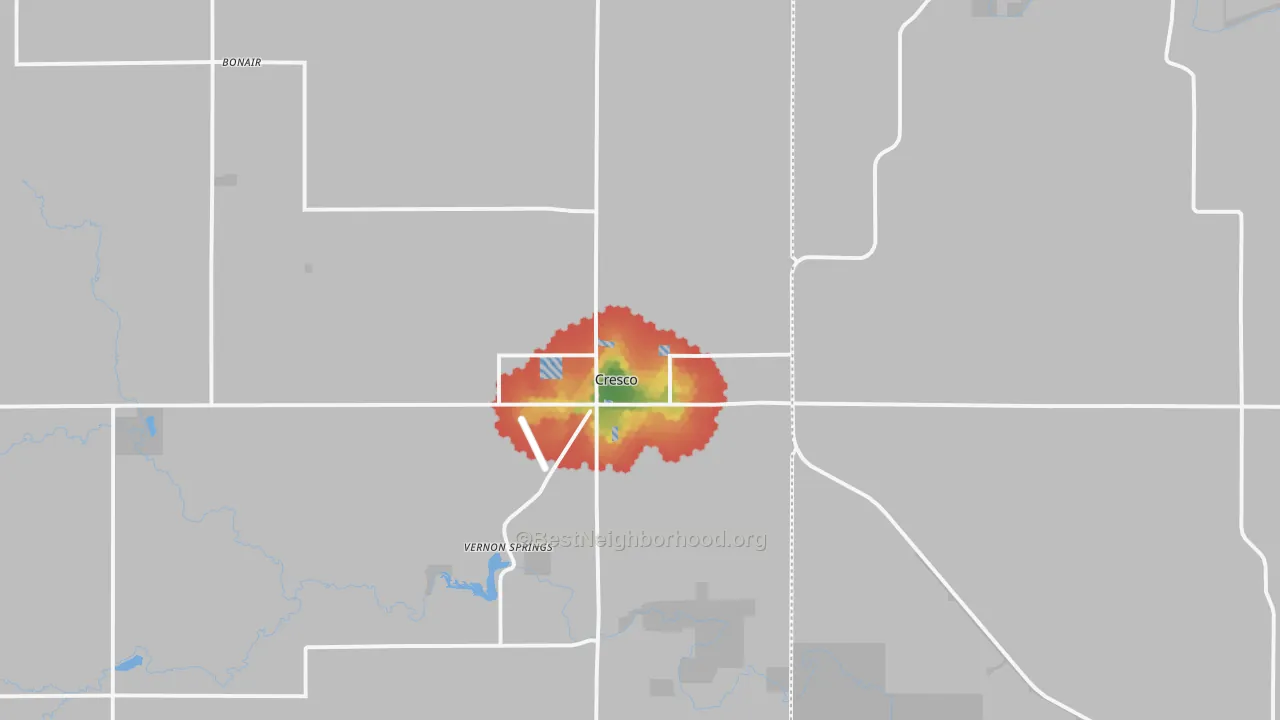 Walk Grade map of Cresco, IA, walkable areas in green and car-dependent areas in red