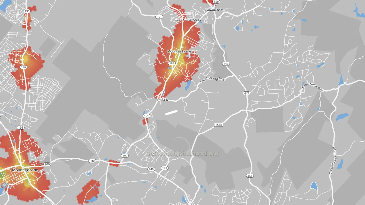 Walk Grade map of Cresco, PA, walkable areas in green and car-dependent areas in red