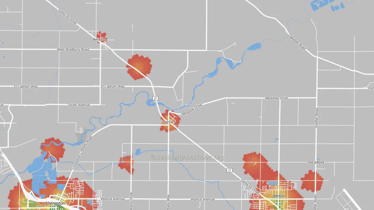 Walk Grade map of Cressey, CA, walkable areas in green and car-dependent areas in red