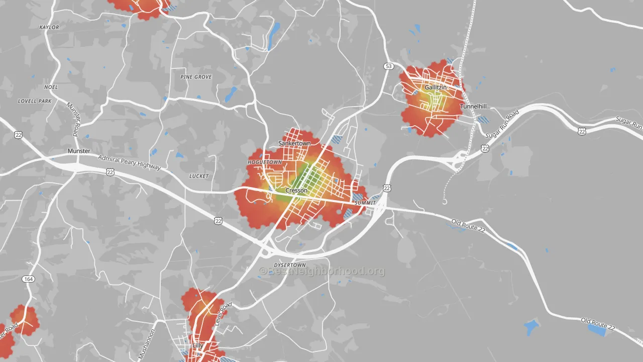 Walk Grade map of Cresson, PA, walkable areas in green and car-dependent areas in red
