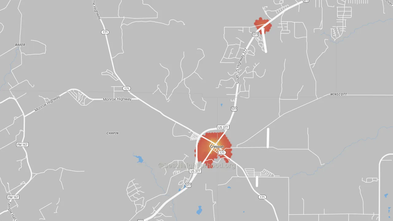 Walk Grade map of Cresson, TX, walkable areas in green and car-dependent areas in red