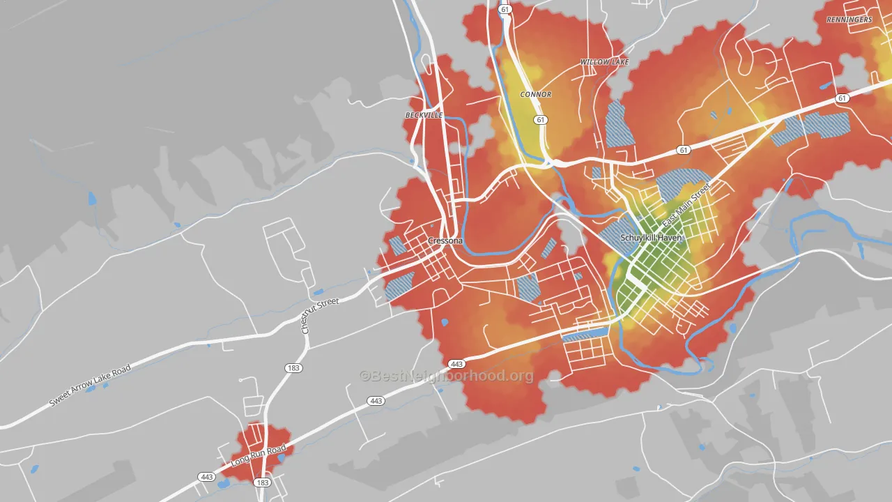 Walk Grade map of Cressona, PA, walkable areas in green and car-dependent areas in red