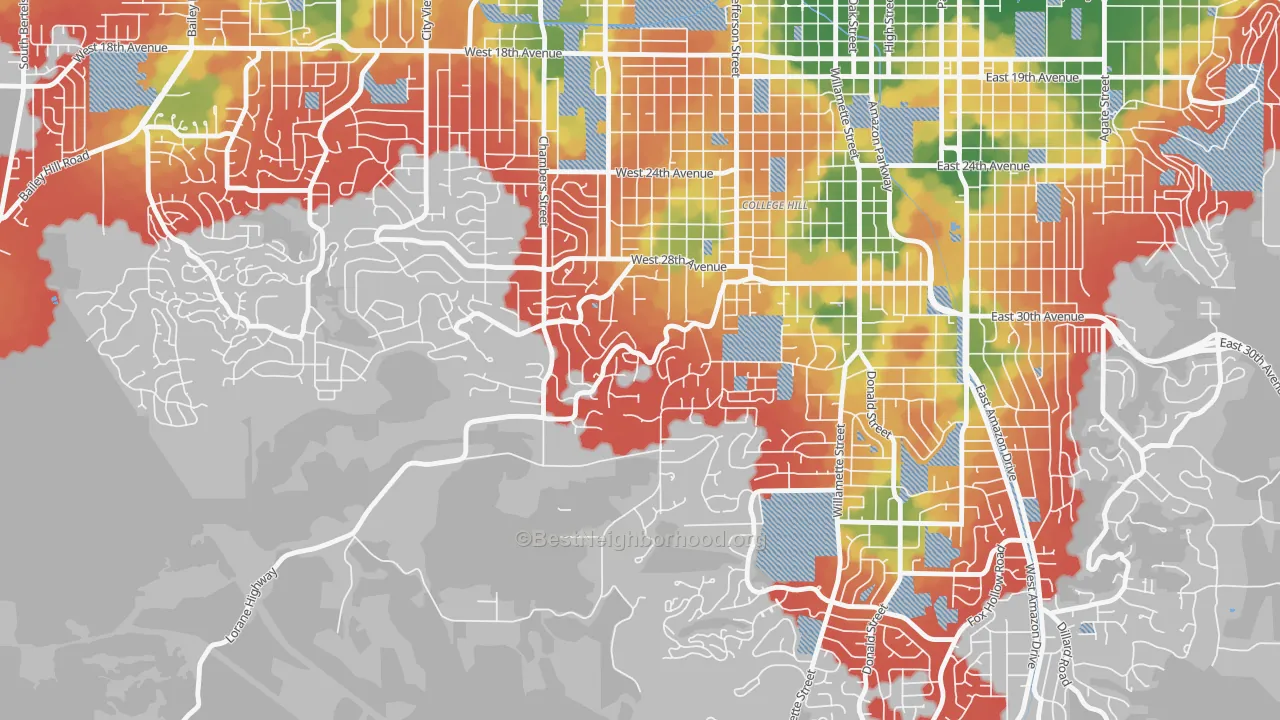Walk Grade map of Crest Drive, Eugene, OR, walkable areas in green and car-dependent areas in red