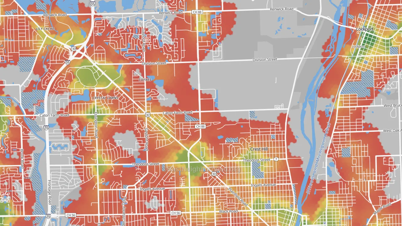 Walk Grade map of Crest Hill, IL, walkable areas in green and car-dependent areas in red