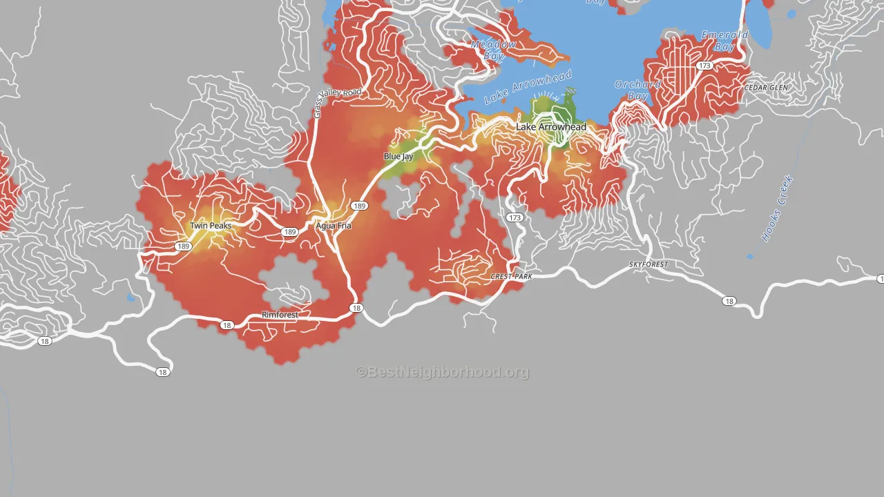 Walk Grade map of Crest Park, CA, walkable areas in green and car-dependent areas in red