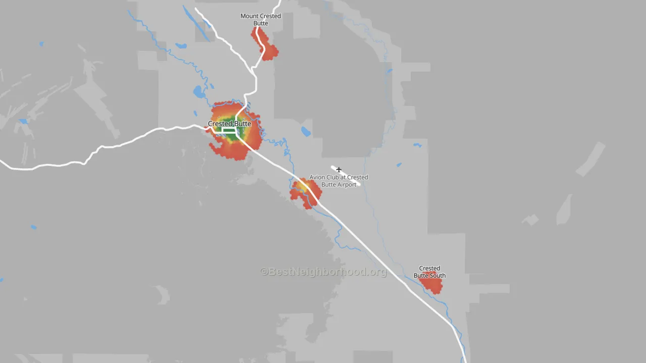 Walk Grade map of Crested Butte, CO, walkable areas in green and car-dependent areas in red