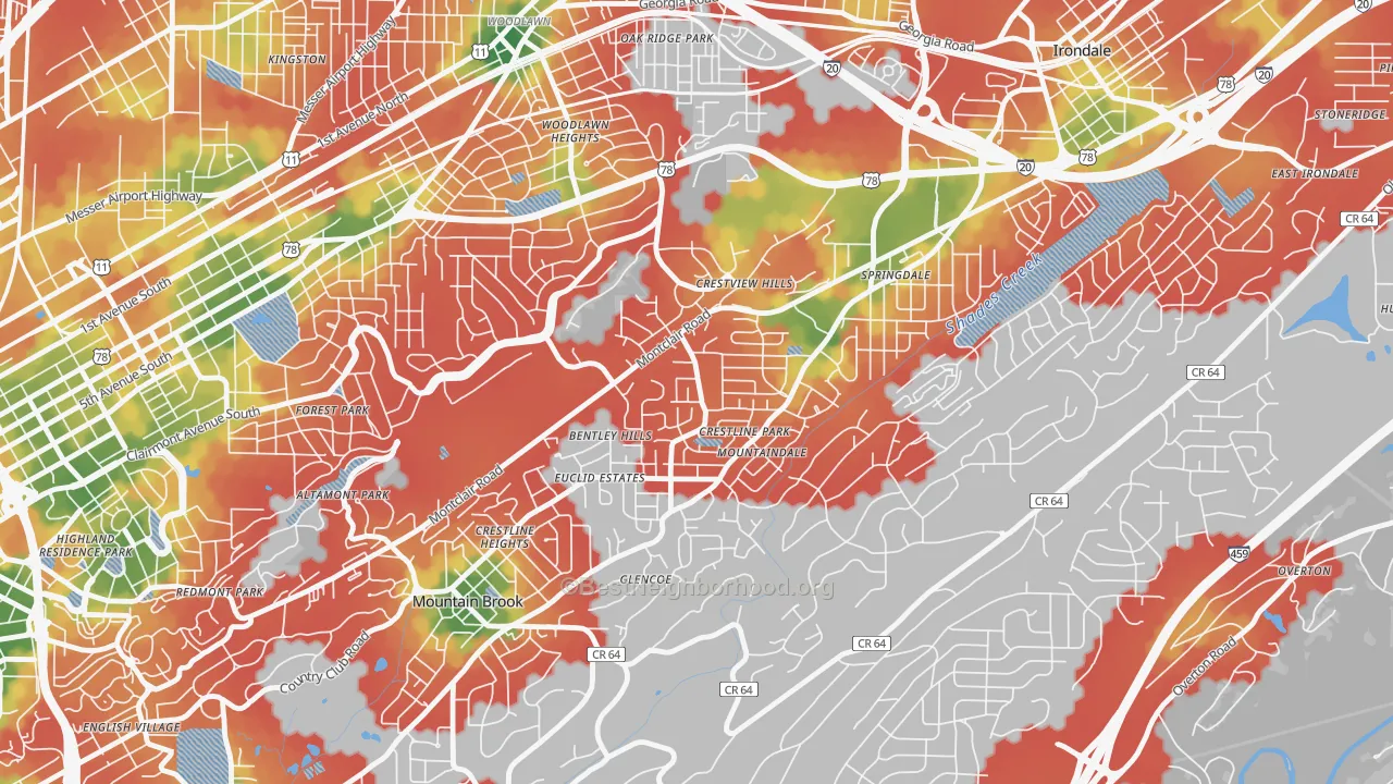Walk Grade map of Crestline, Birmingham, AL, walkable areas in green and car-dependent areas in red