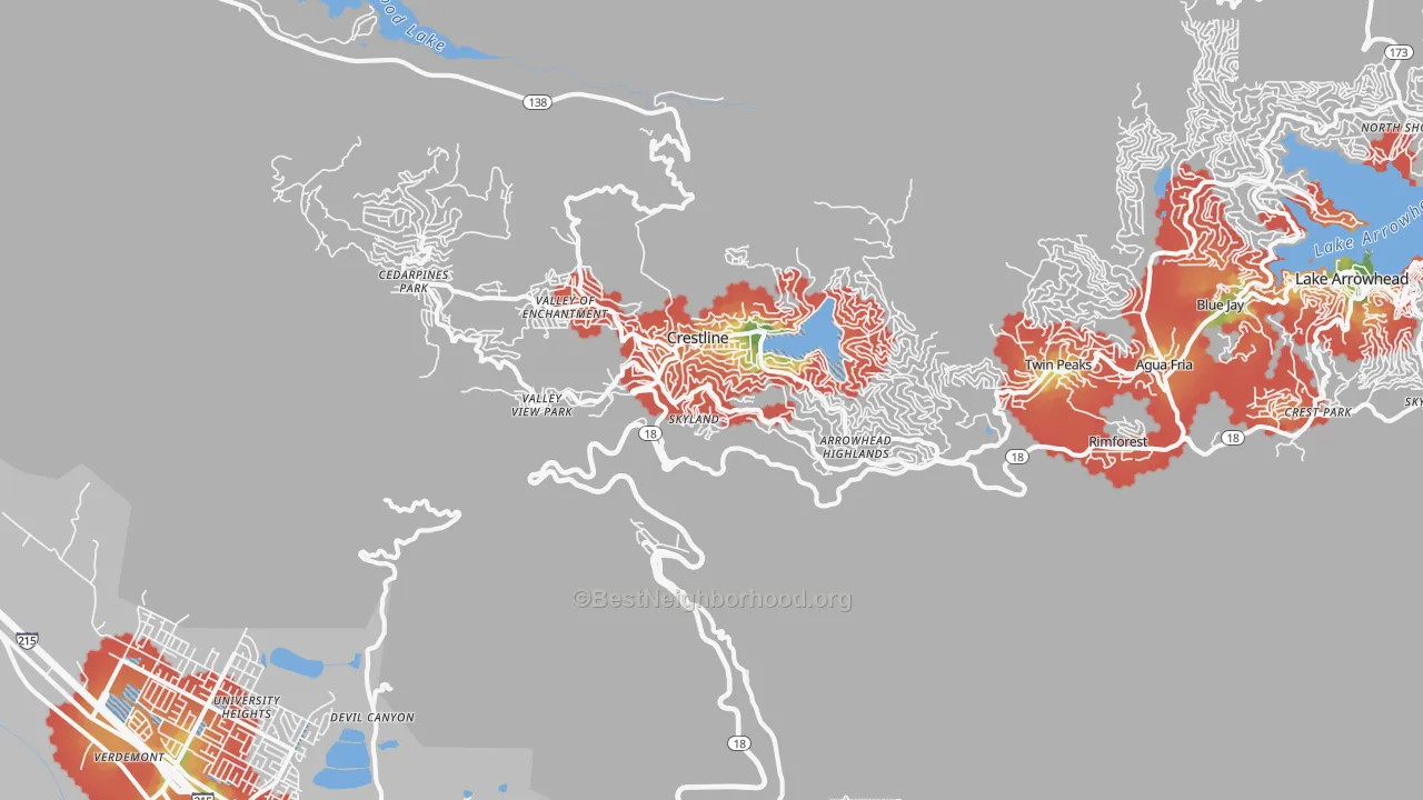 Walk Grade map of Crestline, CA, walkable areas in green and car-dependent areas in red