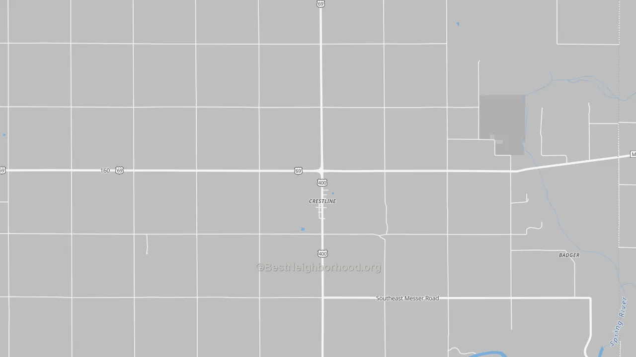 Walk Grade map of Crestline, KS, walkable areas in green and car-dependent areas in red