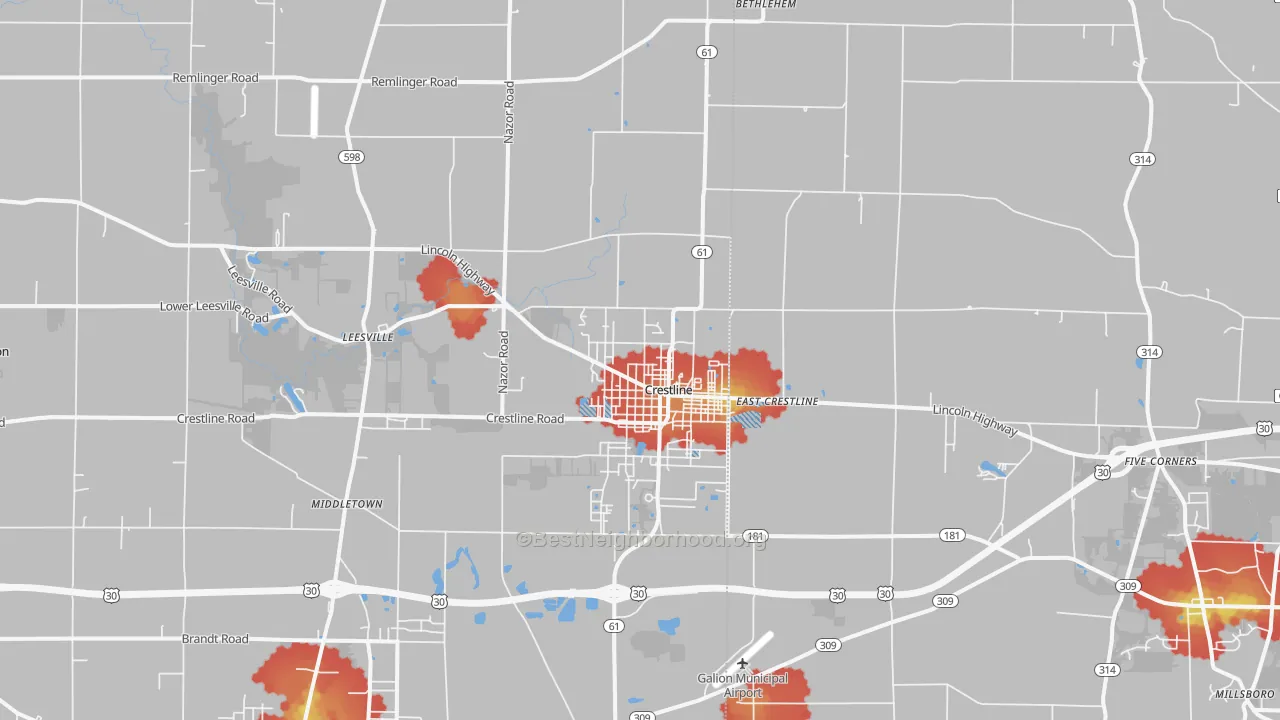 Walk Grade map of Crestline, OH, walkable areas in green and car-dependent areas in red