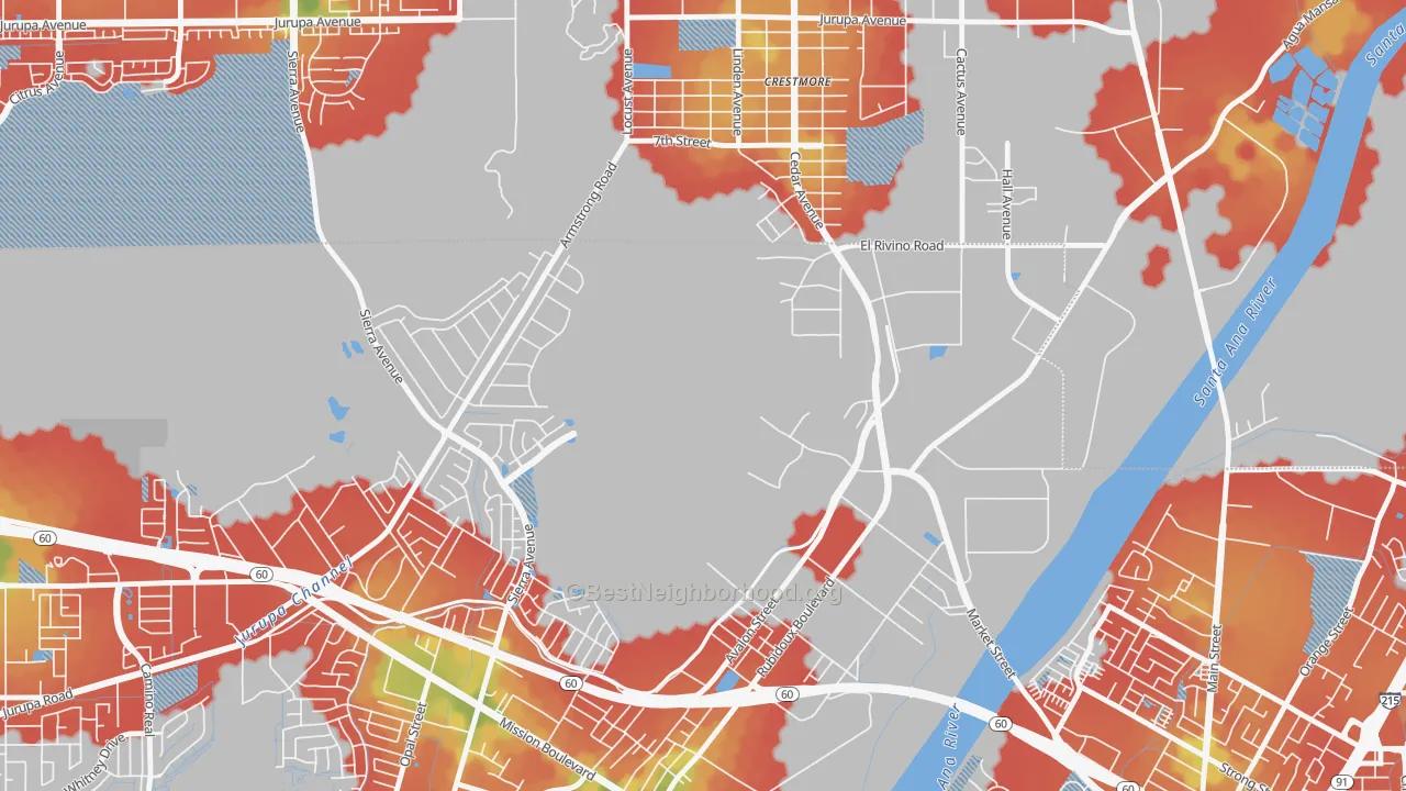 Walk Grade map of Crestmore Heights, CA, walkable areas in green and car-dependent areas in red