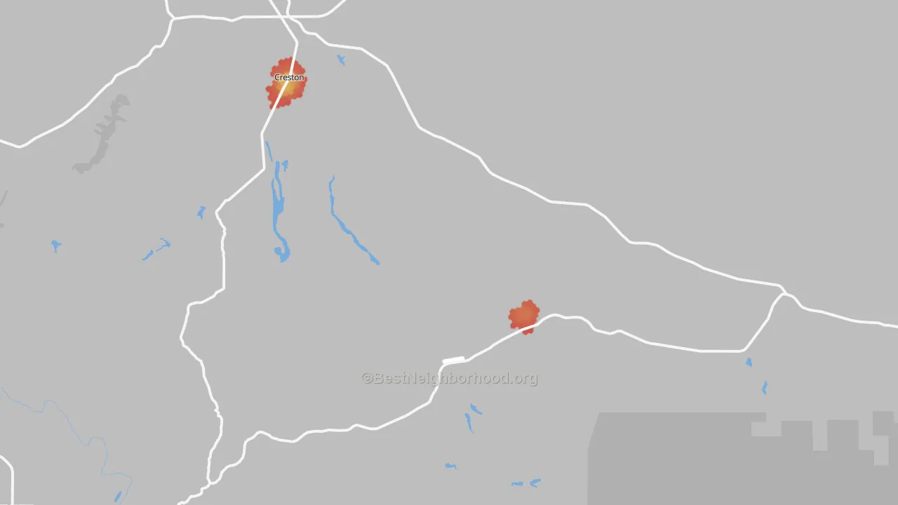 Walk Grade map of Creston, CA, walkable areas in green and car-dependent areas in red